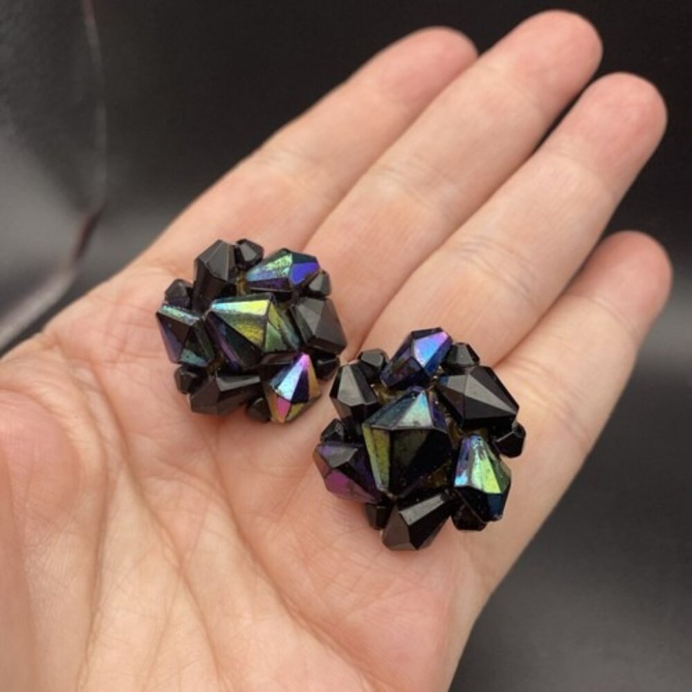 Vintage Clip on Earrings Black Glass Oil Slick West German Beads Peacock Retro - Picture 3 of 10